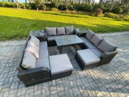 Rackhams Rattan Garden Furniture Set 11 Seater Patio Outdoor Lounge Sofa Set with 2 Side Tables Rectangular Dining Table 2 Big Footstool Dark Grey Mixed - thumbnail 2