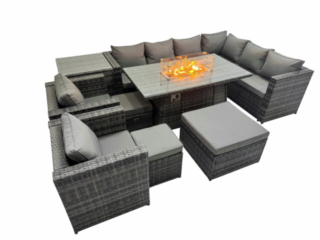 Rackhams Garden Rattan Furniture Set 11 Seater Outdoor Corner Sofa 2 Chair Gas Fire Pit Dining Table Set with 3 Stools Side Table Dark Grey - image 1