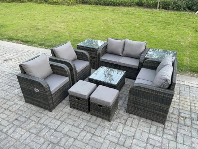 Rackhams Garden Furniture Set Rattan Outdoor Lounge Sofa Chair With Tempered Glass Table 2 Small Footstools 2 Side Tables Dark Grey Mixed - image 1