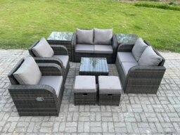 Rackhams Garden Furniture Set Rattan Outdoor Lounge Sofa Chair With Tempered Glass Table 2 Small Footstools 2 Side Tables Dark Grey Mixed - thumbnail 2