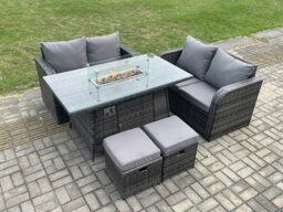 Rackhams 6 Seater Rattan Outdoor Garden Furniture Sofa Set Gas Fire Pit Dining Table Gas Heater with Love Sofa 2 Small Footstool Dark Grey Mixed - thumbnail 1