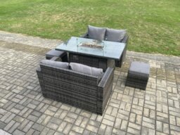 Rackhams 6 Seater Rattan Outdoor Garden Furniture Sofa Set Gas Fire Pit Dining Table Gas Heater with Love Sofa 2 Small Footstool Dark Grey Mixed - thumbnail 2