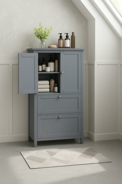 Rackhams Grey Bathroom Storage Cabinet Kitchen Cupboard with 2 Drawers, 2 Doors & Adjustable Shelf - image 1