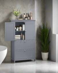 Rackhams Grey Bathroom Storage Cabinet Kitchen Cupboard with 2 Drawers, 2 Doors & Adjustable Shelf - thumbnail 3