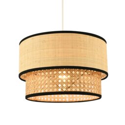 Rackhams Modern Double Tier Real Natural Rattan Pendant Shade with Black Trims
