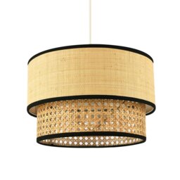 Rackhams Modern Double Tier Real Natural Rattan Pendant Shade with Black Trims - thumbnail 2