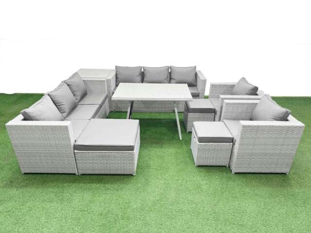 Rackhams 11 Seater Garden Furniture Set PE Rattan Garden Sofa Set with Rectangular Dining Table 3 Stool Side Table Light Grey - image 1