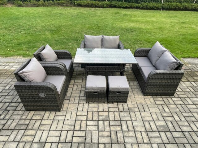 Rackhams 8 Seater Lounge Rattan Sofa Set Outdoor Garden Furniture Oblong Rectangular Dining Table With Chairs 2 Small Footstools Dark Grey Mixed - image 1