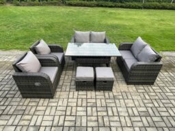 Rackhams 8 Seater Lounge Rattan Sofa Set Outdoor Garden Furniture Oblong Rectangular Dining Table With Chairs 2 Small Footstools Dark Grey Mixed - thumbnail 1