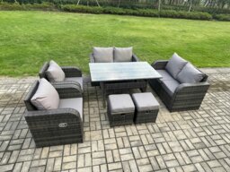 Rackhams 8 Seater Lounge Rattan Sofa Set Outdoor Garden Furniture Oblong Rectangular Dining Table With Chairs 2 Small Footstools Dark Grey Mixed - thumbnail 2