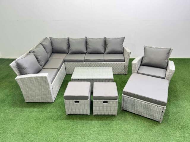 Rackhams 10 Seater Garden Outdoor PE Rattan Furniture Set Rattan Garden Sofa Set with 3 Footstools Light Grey Mixed - image 1