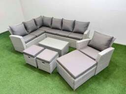 Rackhams 10 Seater Garden Outdoor PE Rattan Furniture Set Rattan Garden Sofa Set with 3 Footstools Light Grey Mixed - thumbnail 2