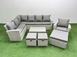 Rackhams 10 Seater Garden Outdoor PE Rattan Furniture Set Rattan Garden Sofa Set with 3 Footstools Light Grey Mixed - thumbnail 1