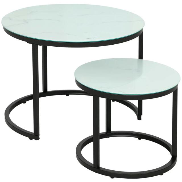 Rackhams Glass Coffee Table Set of 2, Round Nest of Tables with Marble-Effect Tempered Glass Tabletop and Steel Frame, Modern Side Tables, White