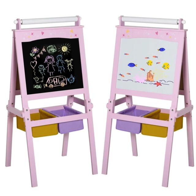Rackhams Kids Easel 3 in 1 Wooden Art Easel with Paper Roll Double-Sided Chalkboard & Whiteboard with Storage Baskets for Toddler Girls, Pink - image 1