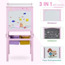 Rackhams Kids Easel 3 in 1 Wooden Art Easel with Paper Roll Double-Sided Chalkboard & Whiteboard with Storage Baskets for Toddler Girls, Pink - thumbnail 4