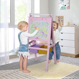 Rackhams Kids Easel 3 in 1 Wooden Art Easel with Paper Roll Double-Sided Chalkboard & Whiteboard with Storage Baskets for Toddler Girls, Pink - thumbnail 2