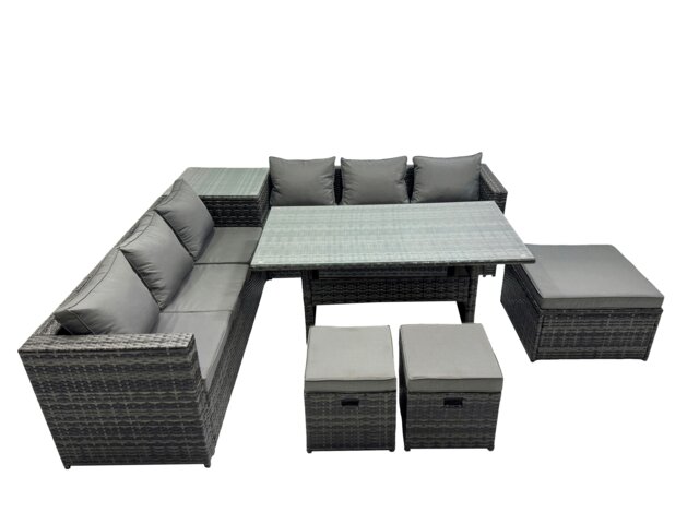 Rackhams 9 Seater Outdoor Corner Sofa Dining Table Set Garden Rattan Furniture Set with Side Table 3 Stools Dark Grey - image 1