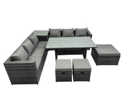 Rackhams 9 Seater Outdoor Corner Sofa Dining Table Set Garden Rattan Furniture Set with Side Table 3 Stools Dark Grey - thumbnail 1