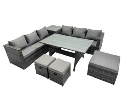 Rackhams 9 Seater Outdoor Corner Sofa Dining Table Set Garden Rattan Furniture Set with Side Table 3 Stools Dark Grey - thumbnail 2