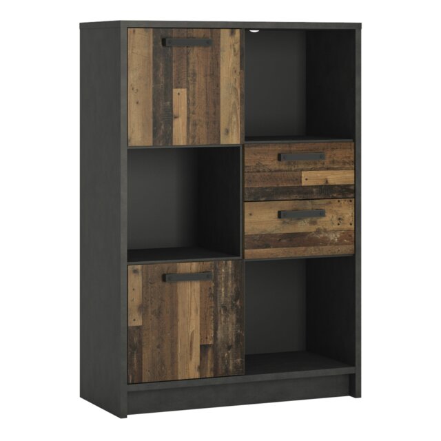 Rackhams Brooklyn Low Bookcase with 2 Doors and 2 Drawers in Walnut and Dark Matera Grey - Walnut and Dark Matera Grey - Wood - 1 - image 1
