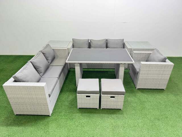 Rackhams Patio Garden Furniture Sets with Black Glass Top Dining Table 3 Seater Sofa Armchair 2 Side Tables 2 Small Stool Light Grey - image 1