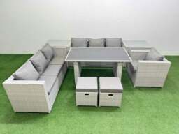 Rackhams Patio Garden Furniture Sets with Black Glass Top Dining Table 3 Seater Sofa Armchair 2 Side Tables 2 Small Stool Light Grey - thumbnail 1