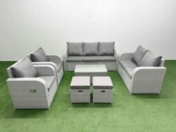 Rackhams PE Rattan Garden Furniture Set Adjustable Chair Sofa Double Love Seat 2 Seater Sofa Lounge Set Oblong Coffee Table 2 Stools Light Grey - thumbnail 1