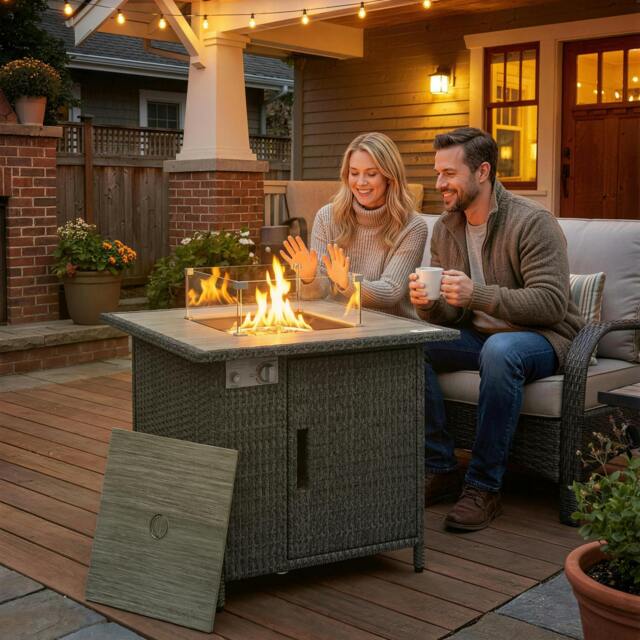 Rackhams Rattan Gas Fire Pit Table with Rain Cover, Wind Guard, 14.5 KW - 1 - 71L x 71W x 62H cm - 71 - image 1