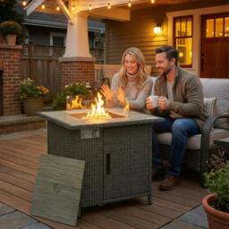 Rackhams Rattan Gas Fire Pit Table with Rain Cover, Wind Guard, 14.5 KW - 1 - 71L x 71W x 62H cm - 71 - thumbnail 1
