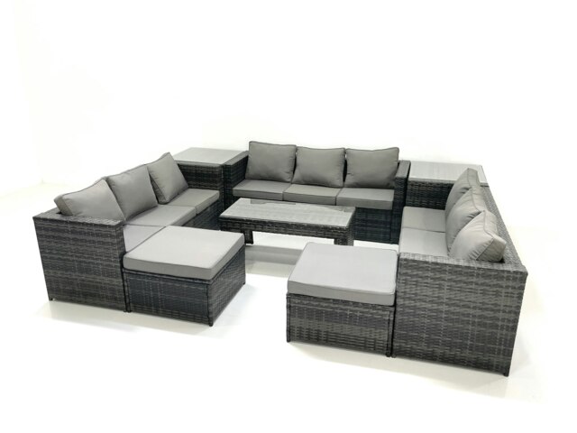 Rackhams Outdoor Garden Furniture Set 8 Pieces Rattan Sofa Set with Coffee Table 2 Big Footstools Side Table Dark Grey Mixed - image 1