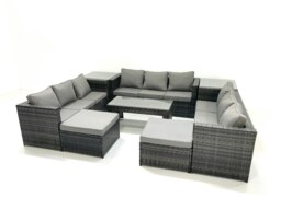 Rackhams Outdoor Garden Furniture Set 8 Pieces Rattan Sofa Set with Coffee Table 2 Big Footstools Side Table Dark Grey Mixed - thumbnail 1