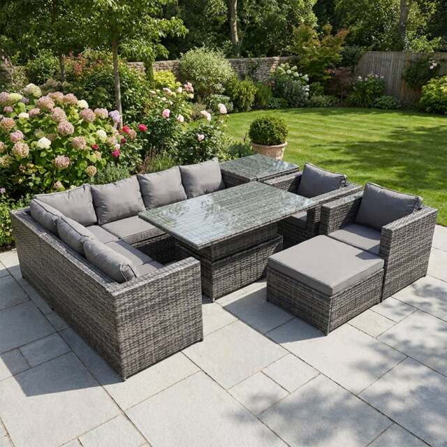 Rackhams 9 Seater Rattan Garden Furniture Set with Height Adjustable Rising Dining Table, Corner Sofa, Stool & Side Table - Dark Grey Mixed - image 1