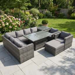 Rackhams 9 Seater Rattan Garden Furniture Set with Height Adjustable Rising Dining Table, Corner Sofa, Stool & Side Table - Dark Grey Mixed - thumbnail 1