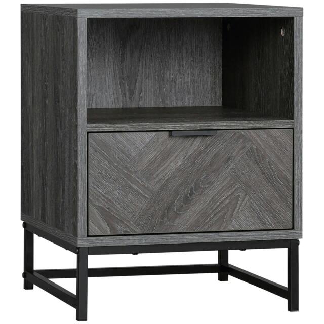 Rackhams Bedside Table with Drawer and Shelf, Side End Table with Steel Legs for Living Room, Bedroom, Dark Grey - image 1