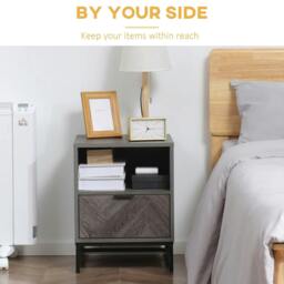 Rackhams Bedside Table with Drawer and Shelf, Side End Table with Steel Legs for Living Room, Bedroom, Dark Grey - thumbnail 4