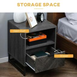 Rackhams Bedside Table with Drawer and Shelf, Side End Table with Steel Legs for Living Room, Bedroom, Dark Grey - thumbnail 5