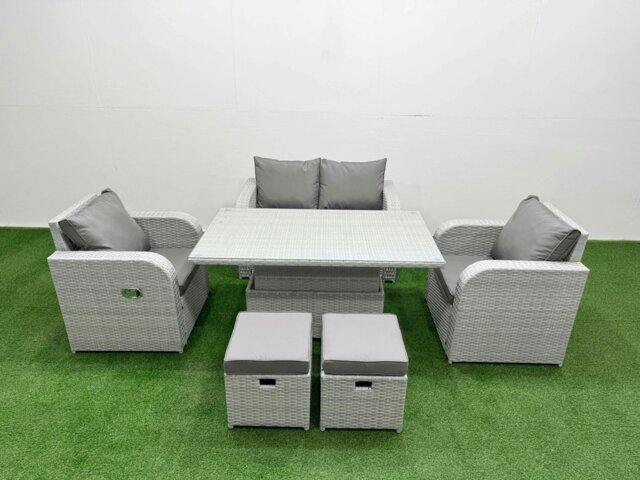 Rackhams Light Grey PE Wicker Rattan Garden Furniture Set Sofa Set Reclining Chair Adjustable Lifting Dining or Coffee Table 6 Seater 2 Small Stools - image 1