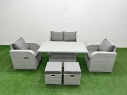 Rackhams Light Grey PE Wicker Rattan Garden Furniture Set Sofa Set Reclining Chair Adjustable Lifting Dining or Coffee Table 6 Seater 2 Small Stools - thumbnail 1