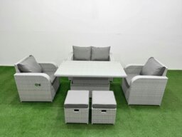 Rackhams Light Grey PE Wicker Rattan Garden Furniture Set Sofa Set Reclining Chair Adjustable Lifting Dining or Coffee Table 6 Seater 2 Small Stools - thumbnail 2