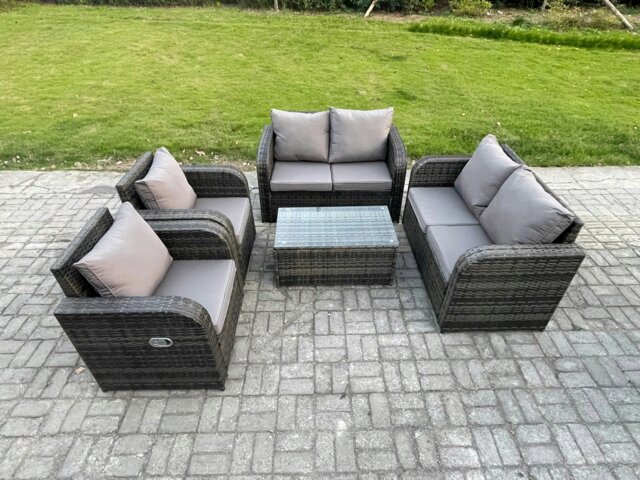 Rackhams Rattan Garden Furniture Set Patio Outdoor Lounge Sofa Set with 2 Reclining Chairs Rectangular Coffee Table Dark Grey Mixed - image 1