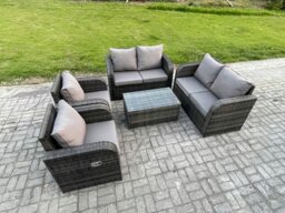 Rackhams Rattan Garden Furniture Set Patio Outdoor Lounge Sofa Set with 2 Reclining Chairs Rectangular Coffee Table Dark Grey Mixed - thumbnail 2