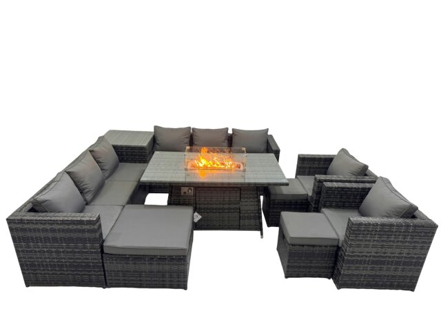 Rackhams 11 Seater Garden Outdoor Rattan Furniture Set Patio Corner Sofa Gas Fire Pit Dining Table with Side Table 3 Stools Dark Grey - image 1