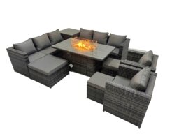 Rackhams 11 Seater Garden Outdoor Rattan Furniture Set Patio Corner Sofa Gas Fire Pit Dining Table with Side Table 3 Stools Dark Grey - thumbnail 2