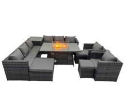 Rackhams 11 Seater Garden Outdoor Rattan Furniture Set Patio Corner Sofa Gas Fire Pit Dining Table with Side Table 3 Stools Dark Grey - thumbnail 1