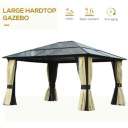Rackhams 3.6 x 4m Hardtop Gazebo Canopy with Polycarbonate Roof and Aluminium Frame, Garden Pavilion with Mosquito Netting and Curtains - thumbnail 4