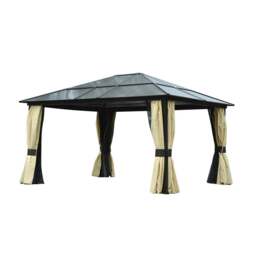 Rackhams 3.6 x 4m Hardtop Gazebo Canopy with Polycarbonate Roof and Aluminium Frame, Garden Pavilion with Mosquito Netting and Curtains - thumbnail 1