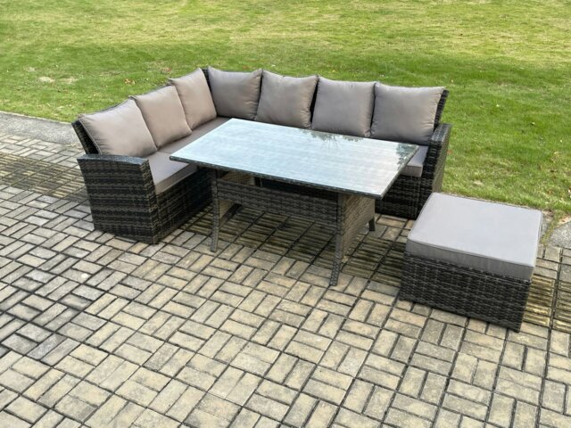 Rackhams 7 Seater Garden Rattan Furniture Corner Dining Set with Big Footstool Indoor Outdoor Lounge Sofa Set Dark Grey Mixed - image 1