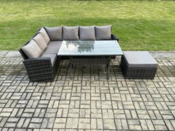 Rackhams 7 Seater Garden Rattan Furniture Corner Dining Set with Big Footstool Indoor Outdoor Lounge Sofa Set Dark Grey Mixed - thumbnail 2