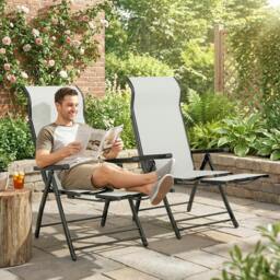 Rackhams Folding Reclining Garden Chairs Set of 2 with Footrest, Light Grey - 179.5 x 63.5 x 60 cm - 2 - Metal, Texteline